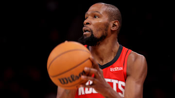 Dec 3, 2025; Houston, Texas, USA; Houston Rockets forward Kevin Durant (7) shoots outside against the Sacramento Kings during the second quarter at Toyota Center. Mandatory Credit: Erik Williams-Imagn Images