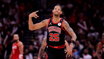 Mar 15, 2025; Houston, Texas, USA; Chicago Bulls forward Dalen Terry (25) reacts after a made basket