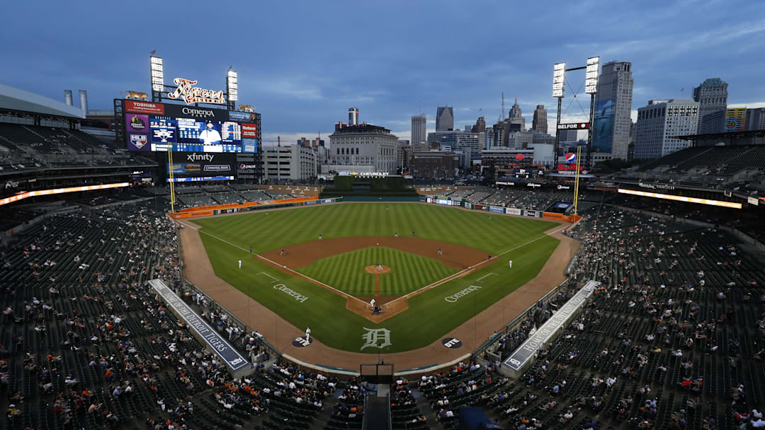 Jun 8, 2021; Detroit, Michigan, USA; A wide shot from high up behind home plate as Seattle Mariners starting pitcher Marco Gonzales (7) pitches to Detroit Tigers designated hitter Willi Castro (9) during the third inning at Comerica Park.