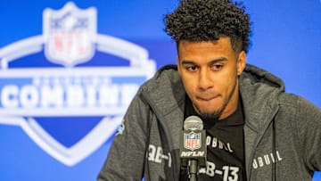 Mar 1, 2024; Indianapolis, IN, USA;  Florida State quarterback Jordan Travis (QB13) talks to the media during the 2024 NFL Combine at Lucas Oil Stadium. Mandatory Credit: Trevor Ruszkowski-Imagn Images