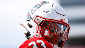 Sep 6, 2025; Raleigh, North Carolina, USA; North Carolina State Wolfpack linebacker Kenny Soares Jr. (33) looks on during warmups of the game against Virginia Cavaliers at Carter-Finley Stadium. Mandatory Credit: Jaylynn Nash-Imagn Images