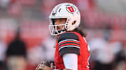 Aug 29, 2024; Salt Lake City, Utah, USA; Utah Utes quarterback Cameron Rising (7) warms up before the game against the Southern Utah Thunderbirds at Rice-Eccles Stadium. Mandatory Credit: Rob Gray-Imagn Images