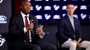 Houston Texans head coach Demeco Ryans speaks to the media during his introductory press conference as general manager Nick Caserio (right) looks on at NRG Stadium.