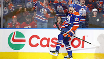 Edmonton Oilers forward Leon Draisaitl (29) celebrates after scoring his 50th goal of the season