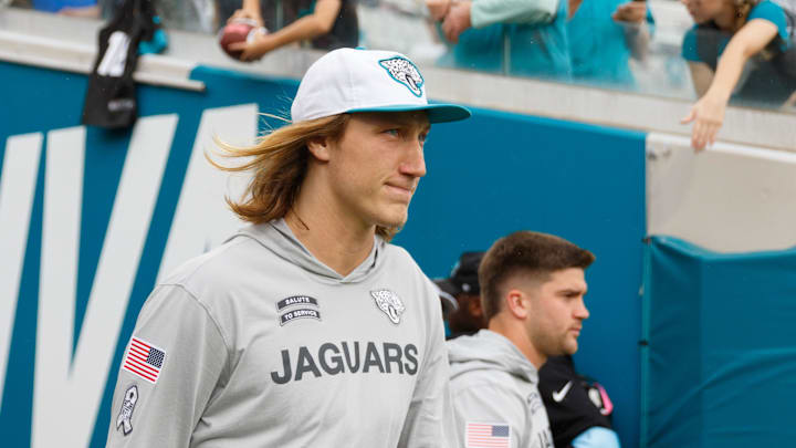 Nov 10, 2024; Jacksonville, Florida, USA; Jacksonville Jaguars quarterback Trevor Lawrence (16) walks out of the tunnel before the game against the Minnesota Vikings at EverBank Stadium. Mandatory Credit: Morgan Tencza-Imagn Images