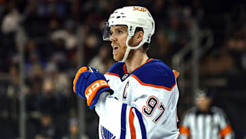 Edmonton Oilers center Connor McDavid (97) skates against the New York Rangers.