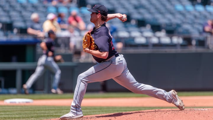 Jun 29, 2023; Kansas City, Missouri, USA; Cleveland Guardians starting pitcher Shane Bieber (57) pitches during the second inning against the Kansas City Royals at Kauffman Stadium. Mandatory Credit: William Purnell-USA TODAY Sports