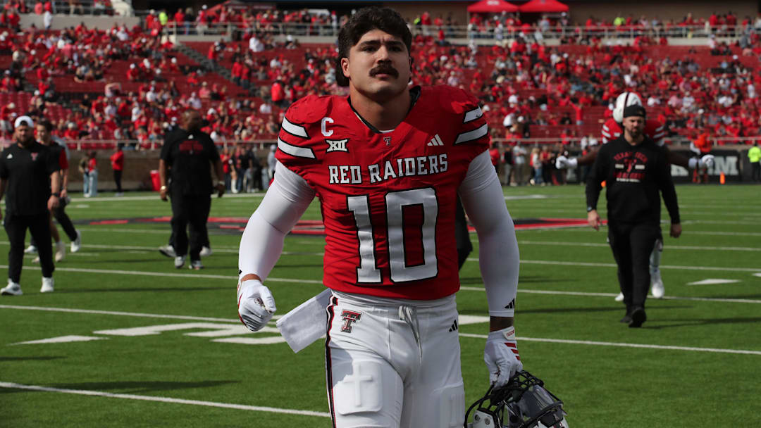 Oct 25, 2025; Lubbock, Texas, USA;  Texas Tech Red Raiders defensive back Jacob Rodriguez (10) leaves the field before the game against the Oklahoma State Cowboys at Jones AT&T Stadium. Mandatory Credit: Michael C. Johnson-Imagn Images