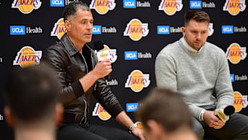  Los Angeles Lakers vice president of basketball operations and general manager Rob Pelinka speaks before introducing Luka Doncic at UCLA Health Training Center.