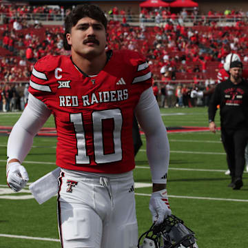 Oct 25, 2025; Lubbock, Texas, USA;  Texas Tech Red Raiders defensive back Jacob Rodriguez (10) leaves the field before the game against the Oklahoma State Cowboys at Jones AT&T Stadium. Mandatory Credit: Michael C. Johnson-Imagn Images