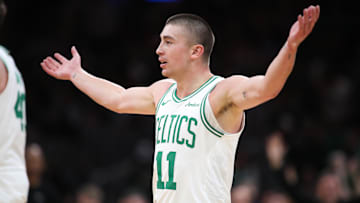 Oct 28, 2024; Boston, Massachusetts, USA; Boston Celtics guard Payton Pritchard (11) reacts after a shot during the first half against the Milwaukee Bucks at TD Garden. Mandatory Credit: Paul Rutherford-Imagn Images