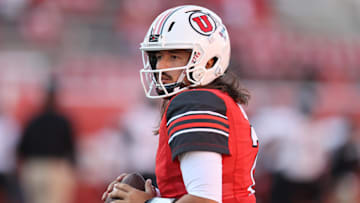 Aug 29, 2024; Salt Lake City, Utah, USA; Utah Utes quarterback Cameron Rising (7) warms up before the game against the Southern Utah Thunderbirds at Rice-Eccles Stadium. Mandatory Credit: Rob Gray-Imagn Images