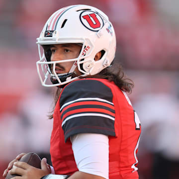 Aug 29, 2024; Salt Lake City, Utah, USA; Utah Utes quarterback Cameron Rising (7) warms up before the game against the Southern Utah Thunderbirds at Rice-Eccles Stadium. Mandatory Credit: Rob Gray-Imagn Images