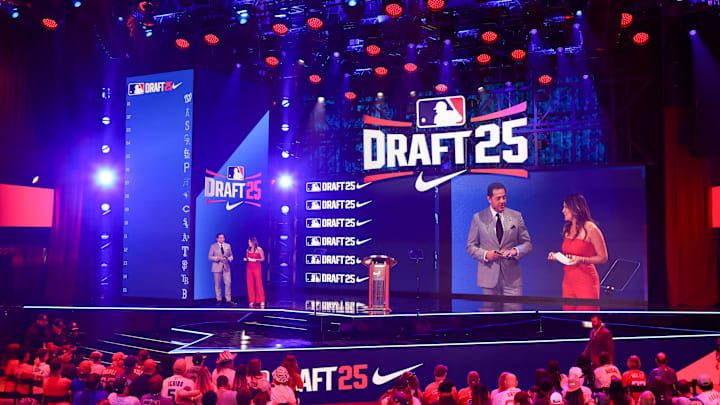 Jul 13, 2025; Atlanta, GA, USA; Journalists Robert Flores and Greer Howard host the MLB Draft at The Coca-Cola Roxy. Mandatory Credit: Brett Davis-Imagn Images