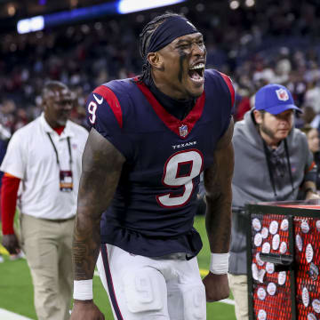 Jan 13, 2024; Houston, Texas, USA; Houston Texans tight end Brevin Jordan (9) celebrates their win against the Cleveland Browns in a 2024 AFC wild card game at NRG Stadium. Mandatory Credit: Troy Taormina-USA TODAY Sports