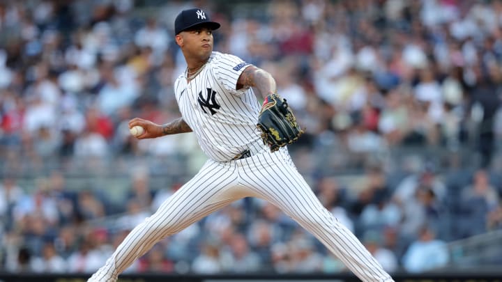 Jul 2, 2024; Bronx, New York, USA; New York Yankees starting pitcher Luis Gil (81) pitches against the Cincinnati Reds during the second inning at Yankee Stadium. Mandatory Credit: Brad Penner-USA TODAY Sports