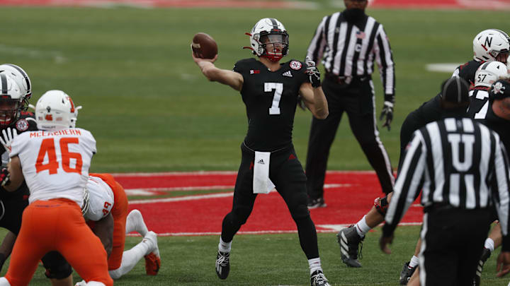 Nov 21, 2020; Lincoln, Nebraska, USA;  Nebraska Cornhuskers quarterback Luke McCaffrey (7) throws against the Illinois Fighting Illini in the second half at Memorial Stadium. Mandatory Credit: Bruce Thorson-Imagn Images