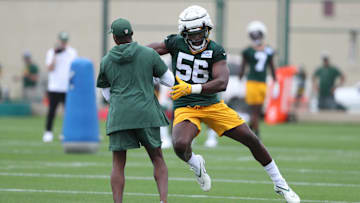 Jul 26, 2023; Green Bay, Wisconsin, USA; Green Bay Packers linebacker Kenneth Odumegwu (56) during the first day of training camp at Ray Nitschke Field.