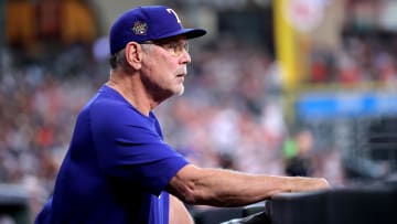 Jul 13, 2024; Houston, Texas, USA; Texas Rangers manager Bruce Bochy (15) watches the action from the dugout during the first inning against the Houston Astros at Minute Maid Park. 