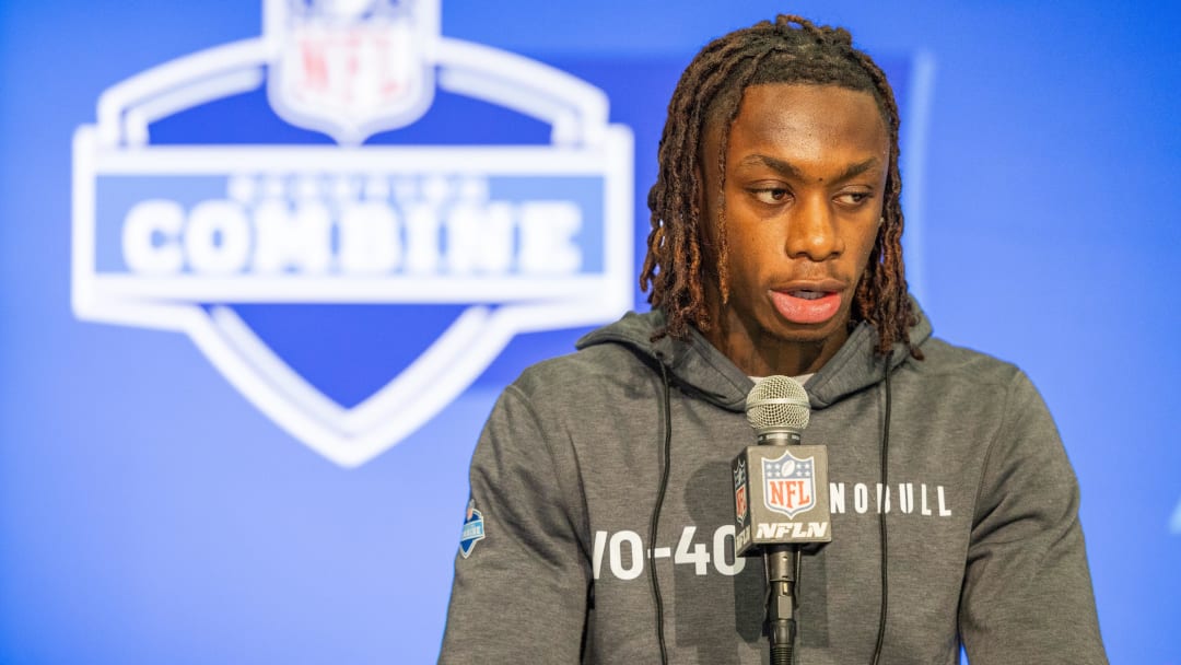 Mar 1, 2024; Indianapolis, IN, USA; Texas wide receiver Xavier Worthy (WO40) talks to the media during the 2024 NFL Combine at Lucas Oil Stadium. Mandatory Credit: Trevor Ruszkowski-USA TODAY Sports