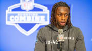 Mar 1, 2024; Indianapolis, IN, USA; Texas wide receiver Xavier Worthy (WO40) talks to the media during the 2024 NFL Combine at Lucas Oil Stadium. Mandatory Credit: Trevor Ruszkowski-USA TODAY Sports