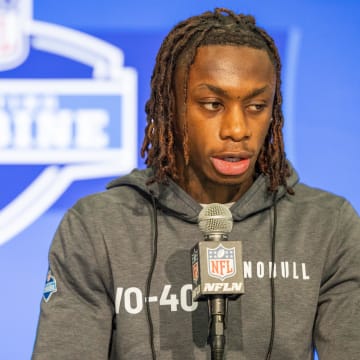 Mar 1, 2024; Indianapolis, IN, USA; Texas wide receiver Xavier Worthy (WO40) talks to the media during the 2024 NFL Combine at Lucas Oil Stadium. Mandatory Credit: Trevor Ruszkowski-USA TODAY Sports