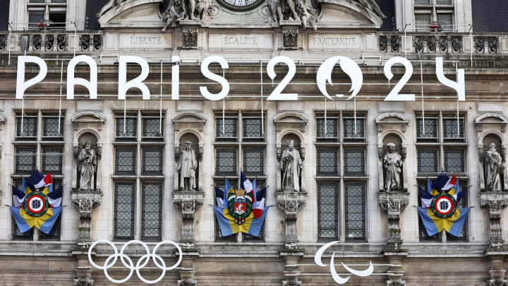 Paris Town Hall Facade Redecorated For Olympic Games 2024