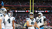 Nov 16, 2025; Atlanta, Georgia, USA; Carolina Panthers quarterback Bryce Young (9) reacts to a touchdown in the fourth quarter against the Atlanta Falcons at Mercedes-Benz Stadium. Mandatory Credit: Brett Davis-Imagn Images