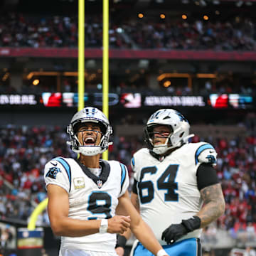 Nov 16, 2025; Atlanta, Georgia, USA; Carolina Panthers quarterback Bryce Young (9) reacts to a touchdown in the fourth quarter against the Atlanta Falcons at Mercedes-Benz Stadium. Mandatory Credit: Brett Davis-Imagn Images