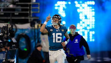 Jacksonville Jaguars quarterback Trevor Lawrence (16) is introduced before an NFL first round.
