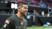 Nov 16, 2025; Atlanta, Georgia, USA; Carolina Panthers head coach Dave Canales greets members of the team after the game against the Atlanta Falcons at Mercedes-Benz Stadium. Mandatory Credit: Brett Davis-Imagn Images