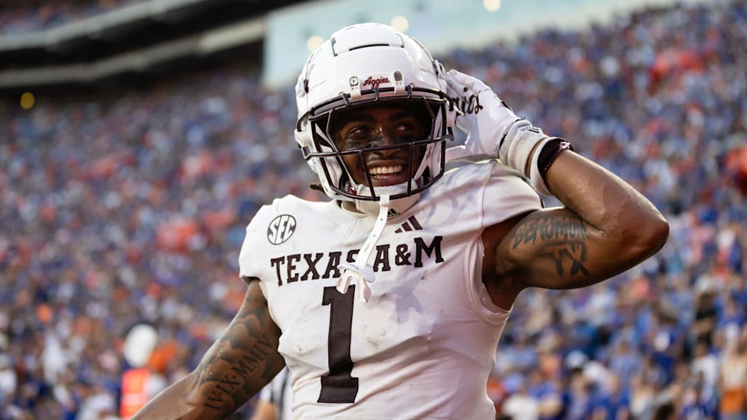 Texas A&M Aggies defensive back Bryce Anderson (1) gestures to the crowd against the Florida Gators during the second half at Ben Hill Griffin Stadium.