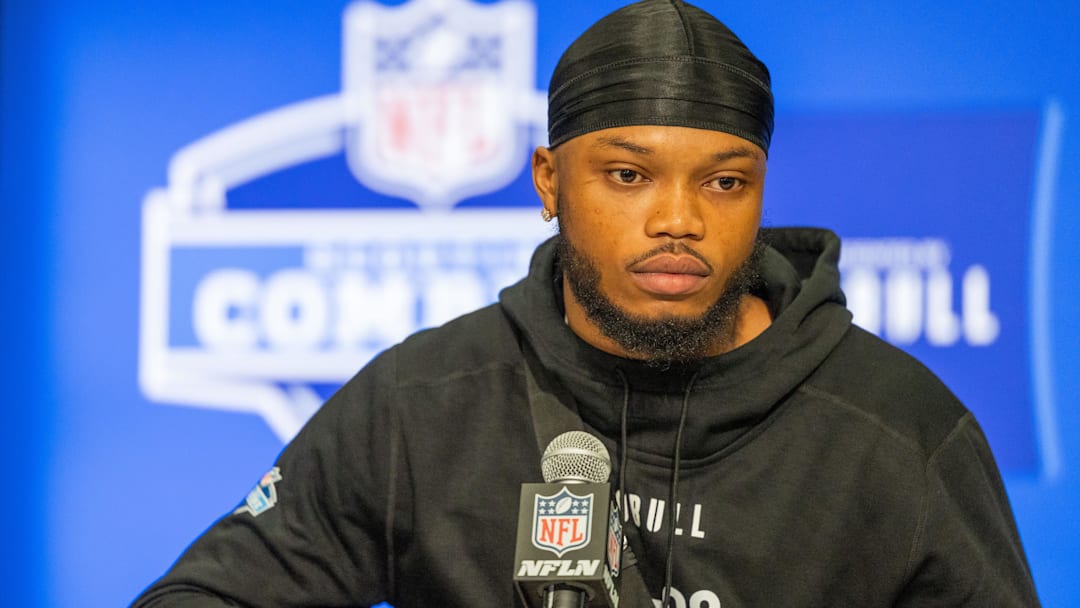 Mar 1, 2024; Indianapolis, IN, USA; Oregon wide receiver Troy Franklin (WO08) talks to the media during the 2024 NFL Combine at Lucas Oil Stadium. Mandatory Credit: Trevor Ruszkowski-Imagn Images