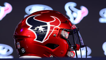 Feb 2, 2023; Houston, TX, USA; A detail shot of a Houston Texans helmet prior to a press conference