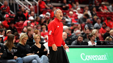 Dec 21, 2024; Lubbock, Texas, USA; Texas Tech Red Raiders head coach Grant McCasland reacts to a call in the second half during the game against the Lamar Cardinals at United Supermarkets Arena. Mandatory Credit: Michael C. Johnson-Imagn Images