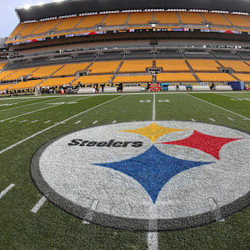 Nov 17, 2024; Pittsburgh, Pennsylvania, USA;  General view of the logo at mid-field before the Pittsburgh Steelers host the Baltimore Ravens at Acrisure Stadium. Mandatory Credit: Charles LeClaire-Imagn Images