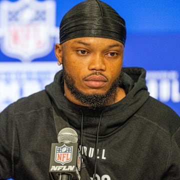 Mar 1, 2024; Indianapolis, IN, USA; Oregon wide receiver Troy Franklin (WO08) talks to the media during the 2024 NFL Combine at Lucas Oil Stadium. Mandatory Credit: Trevor Ruszkowski-Imagn Images