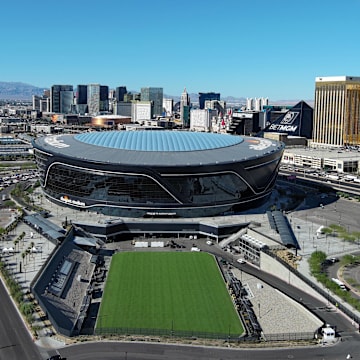 Jul 24, 2025; Las Vegas, NV, USA; A general overall aerial view of Allegiant Stadium and retractable football field. Mandatory Credit: Kirby Lee-Imagn Images