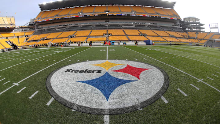 Nov 17, 2024; Pittsburgh, Pennsylvania, USA;  General view of the logo at mid-field before the Pittsburgh Steelers host the Baltimore Ravens at Acrisure Stadium. Mandatory Credit: Charles LeClaire-Imagn Images