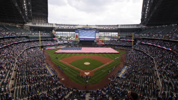 Jul 4, 2023; Milwaukee, Wisconsin, USA;  General view of American Family Field during the national anthem prior to the game between the Chicago Cubs and Milwaukee Brewers. Mandatory Credit: Jeff Hanisch-USA TODAY Sports