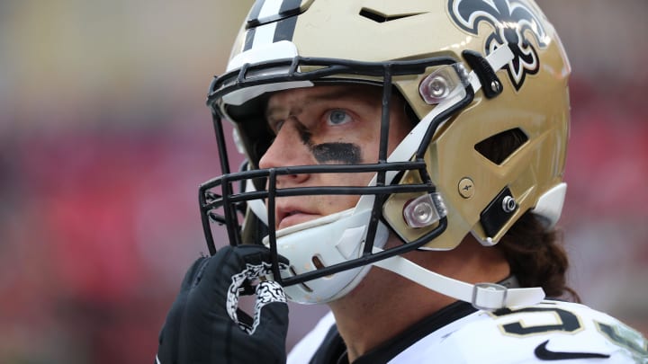 Nov 17, 2019; Tampa, FL, USA; New Orleans Saints outside linebacker A.J. Klein (53) looks on against the Tampa Bay Buccaneers during the second half at Raymond James Stadium. Mandatory Credit: Kim Klement-USA TODAY Sports