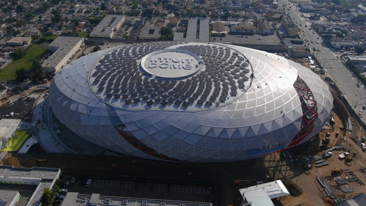 Jan 16, 2024; Inglewood, California, USA; The Intuit Dome is seen from an aerial view while under construction. The arena will the future home of the LA Clippers and site of the 2026 NBA All-Star Game.