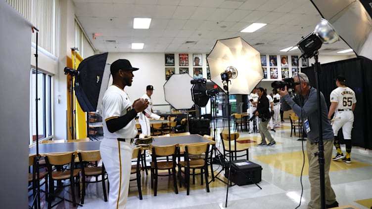 Feb 20, 2024; Bradenton, FL, USA;  Pittsburgh Pirates starting pitcher Roansy Contreras (59) poses