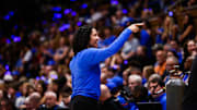 Oct 4, 2024; Durham, NC, USA; Duke Blue Devils head coach Kara Lawson addresses the fans during Countdown to Craziness at Cameron Indoor Stadium. Mandatory Credit: Jaylynn Nash-Imagn Images