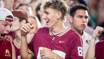 Florida State Seminole fans cheer on the football team as they play the Miami Hurricanes on Saturday, Oct. 4, 2025.