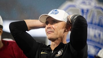 Florida State Seminoles head coach Mike Norvell takes a second to soak in the moment. The Florida State Seminoles defeated the Louisville Cardinals 16-6 to claim the ACC Championship title in Charlotte, North Carolina on Saturday, Dec. 2, 2023.
