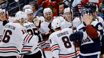 Oct 28, 2024; Denver, Colorado, USA; Chicago Blackhawks left wing Nick Foligno (17) and left wing Taylor Hall (71) and center Philipp Kurashev (23) celebrate with right wing Ilya Mikheyev (95) and center Ryan Donato (8) and center Jason Dickinson (16) after a goal against the Colorado Avalanche in the third period at Ball Arena. Mandatory Credit: Isaiah J. Downing-Imagn Images