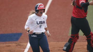 Jul 22, 2021; Fukushima, Japan; USA player Haylie McCleney (8) celebrates after scoring during the Tokyo 2020 Olympic Summer Games at Fukushima Azuma Stadium. Mandatory Credit: Yukihito Taguchi-USA TODAY Network