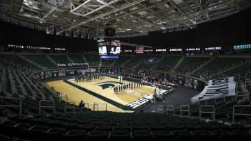 Nov 25, 2020; East Lansing, Michigan, USA; Michigan State Spartans and Eastern Michigan Eagles stand