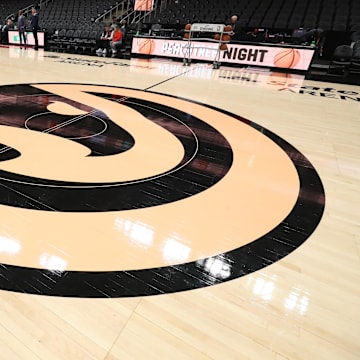 Jan 18, 2020; Atlanta, Georgia, USA; The Atlanta Hawks logo is shown during warm-ups on Peachtree Night before a game between the Atlanta Hawks and the Detroit Pistons at State Farm Arena. Mandatory Credit: Jason Getz-Imagn Images